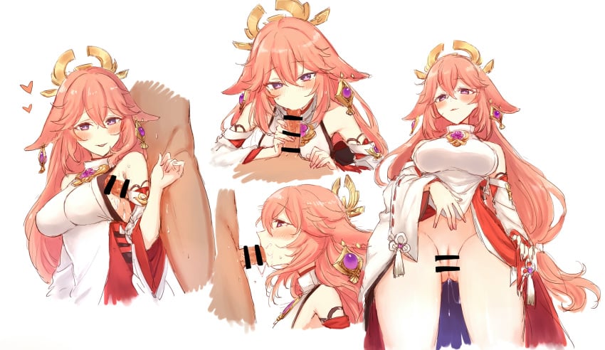 1boy animal_ears armpit_sex bangs bar_censor blush breasts censored detached_sleeves eyebrows_visible_through_hair fellatio female fox_ears genshin_impact hair_between_eyes heart highres japanese_clothes long_hair miko multiple_views oral parted_lips penis pink_hair purple_eyes pussy ribbon-trimmed_sleeves ribbon_trim saliva sbs simple_background solo_focus sweat tassel very_long_hair white_background wide_sleeves yae_miko