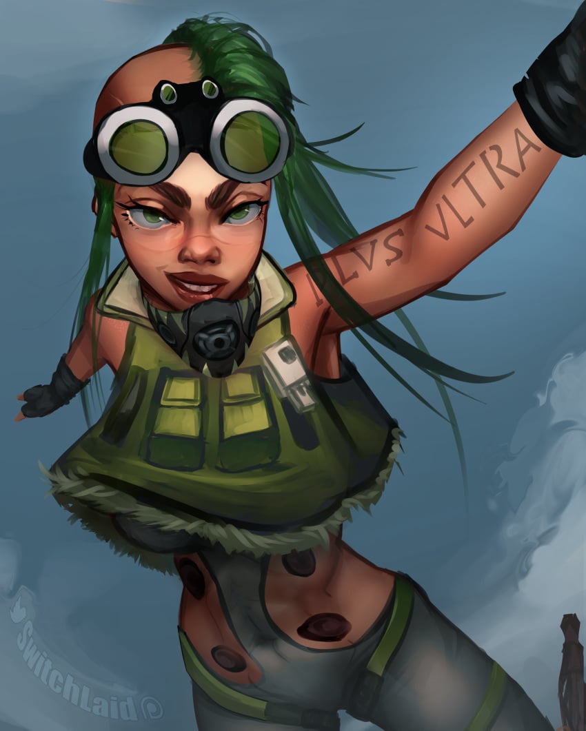 amputee apex_legends areolae big_breasts breasts falling flying gasolina_(switchlaid) goggles goggles_on_forehead goggles_on_head green green_hair mask mask_removed necklace necklace_between_breasts nipples octane_(apex_legends) original_character prosthetic prosthetic_legs prosthetic_limb rule_63 skydiving switchlaid