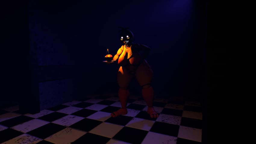 1girls 3d anthro breasts creepy cupcake female female_only five_nights_at_freddy's five_nights_at_freddy's_2 furry glowing_eyes hand_on_hip moody_lighting plastic runaboo_chica sfm solo source_filmmaker spooky toy_chica_(fnaf)