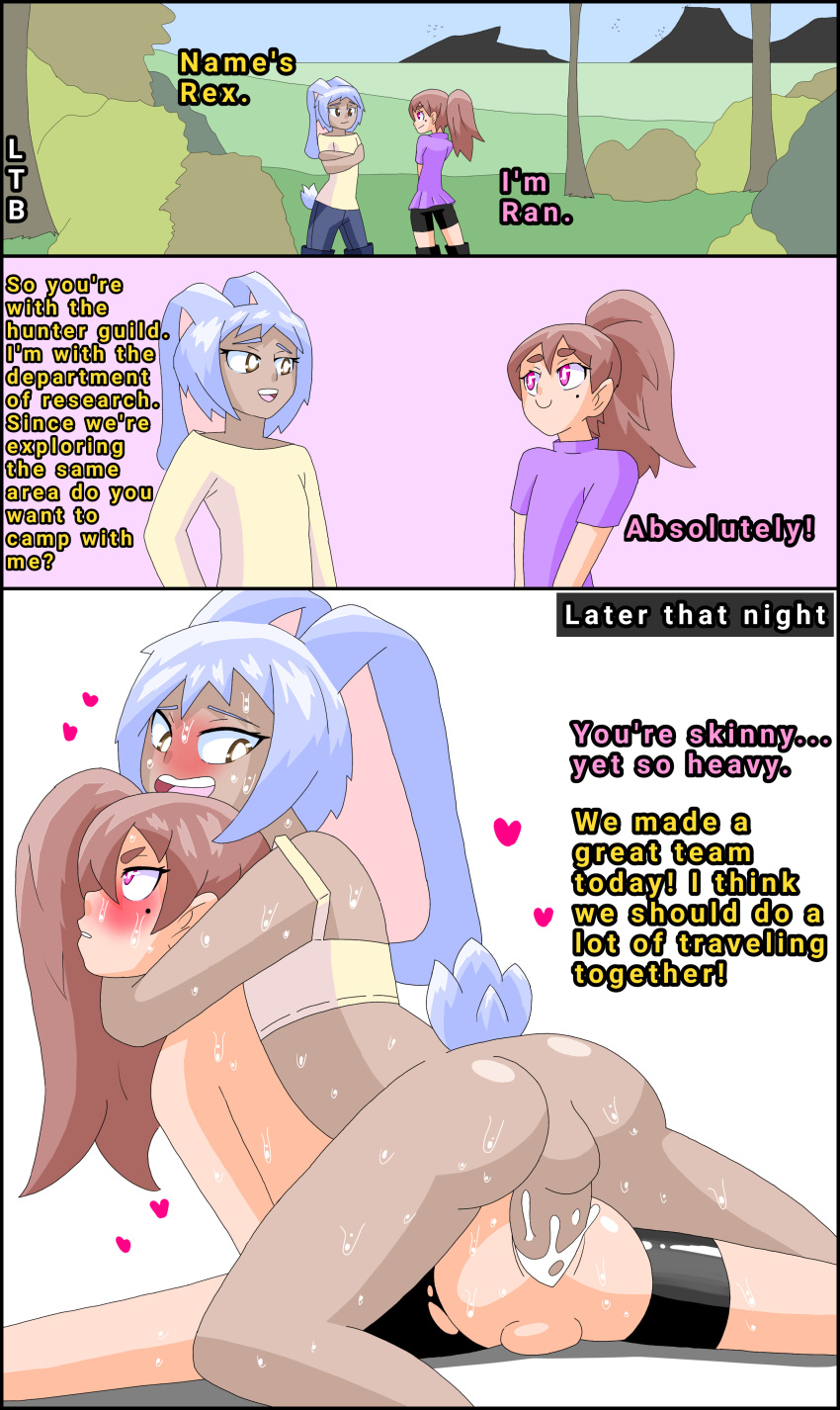 2boys anal ass blue_hair bra brown_eyes bunny_ears bunny_tail comic cum_inside domination femboy forest gay lewderthanblue light_brown_hair mating_season mole_under_eye oc on_top original petite pink_eyes ponytail ran(ltb) rex(ltb) sweat tomgirl torn_bike_shorts