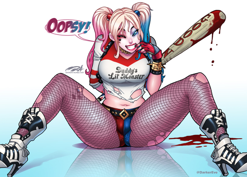 ass_visible_through_thighs baseball_bat bat_(object) batman_(series) big_ass big_breasts blonde_hair blood blood_drip blood_stain booty_shorts cameltoe clothed clothed_female clothing crop_top darkereve darwin_nunez dc dc_comics fat_ass fishnet_stockings harley_quinn high_heel_boots high_heels highlights_(coloring) hourglass_figure lipstick looking_at_viewer makeup revealing_clothes ripped_clothing short_shorts sitting smile spread_legs suicide_squad thick_thighs tight_clothing two_tone_hair winking winking_at_viewer