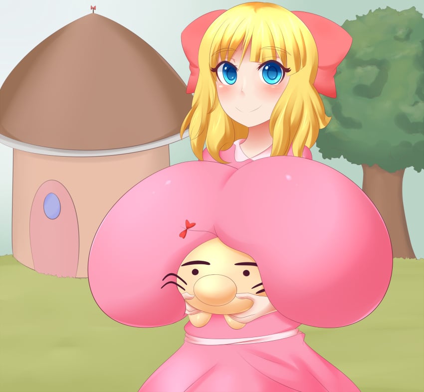 ambiguous_gender blonde_hair blue_eyes blush breast_expansion breasts breasts_bigger_than_head earthbound earthbound_(series) female giant_breasts gigantic_breasts hair huge_breasts human jcdr mother_(series) mr._saturn nintendo paula_jones paula_polestar pink_dress red_hairbow white_skin