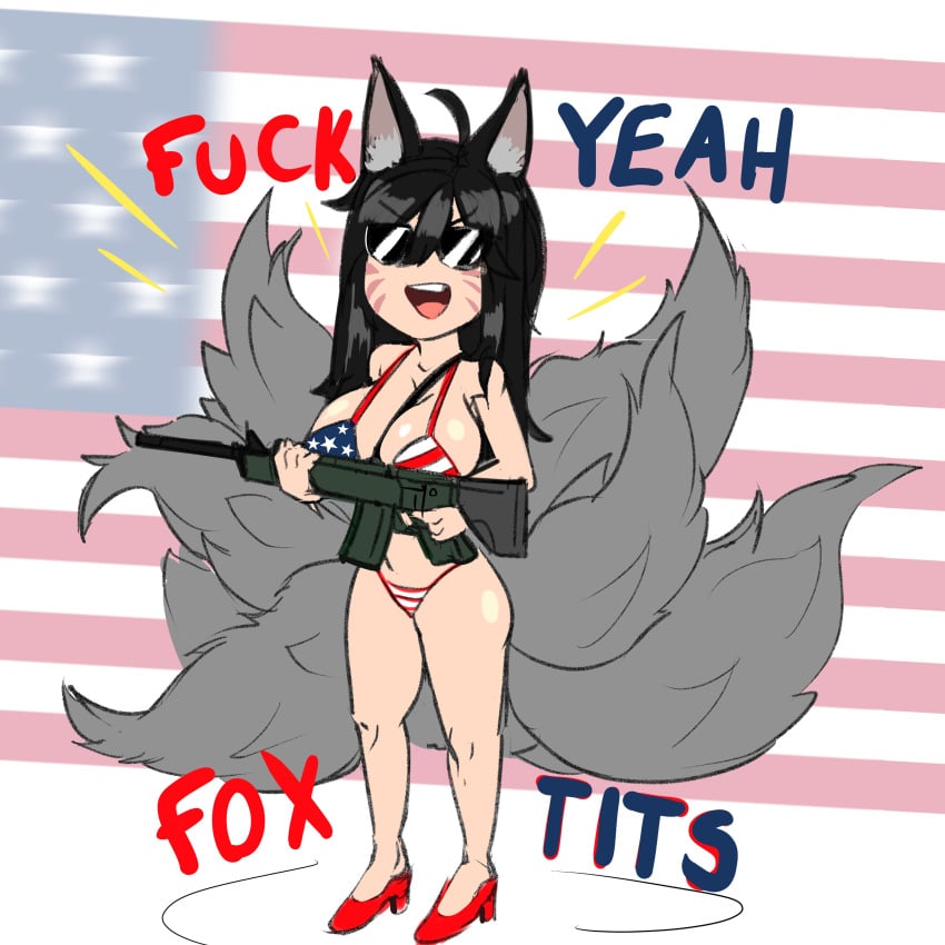 ahri american_flag american_flag_bikini animal_ears assault_rifle facepaint foxgirl high_heels league_of_legends nine_tailed_fox profanity stormbringer sunglasses tagme text tinted_eyewear tits