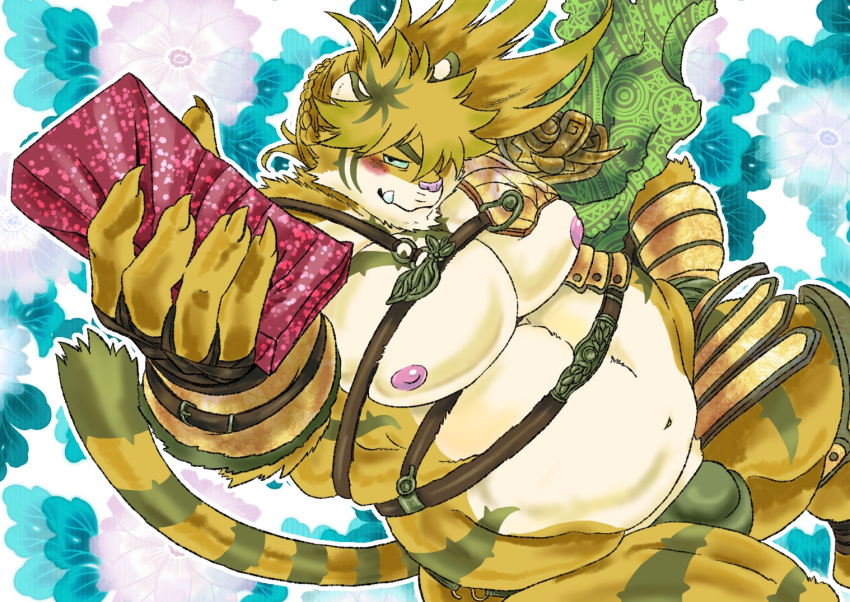 2022 anthro belly blush bulge clothing felid gift humanoid_hands kemono kusarikakemono lifewonders macan_(tokyo_afterschool_summoners) magan male male_only mammal moobs nipples overweight overweight_male pantherine solo tiger tokyo_afterschool_summoners underwear video_games