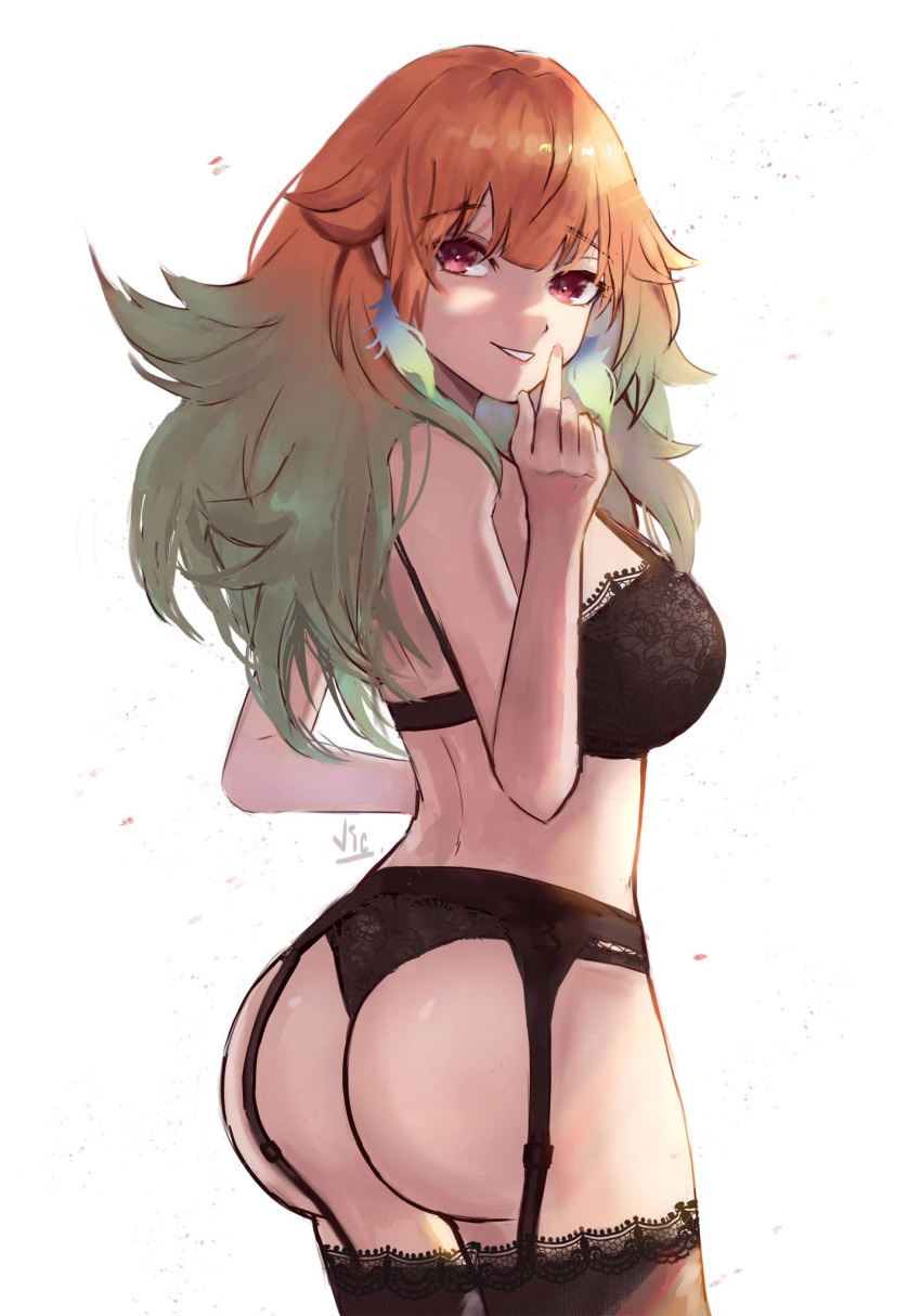 1girls ass big_ass black_panties bra breasts feathers garter_straps gesture green_hair highres hololive hololive_english hololive_myth light-skinned_female light_skin lingerie looking_back medium_breasts multicolored_hair orange_hair orange_nails panties red_eyes smiling_at_viewer solo takanashi_kiara underwear vicarious_(vicillust) virtual_youtuber white_background