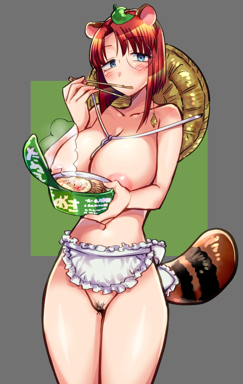 absurdres animal_ears apron areolae bangs blue_eyes blush breasts chopsticks eyebrows_visible_through_hair female female food forte_stollen galaxy_angel highres kofajiro large_breasts leaf leaf_on_head looking_at_viewer noodles pubic_hair raccoon_ears raccoon_girl raccoon_tail ramen red_hair short_hair solo tail waist_apron