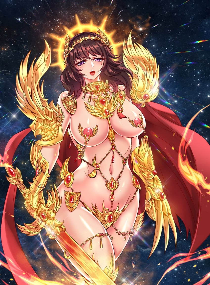 1girls artist_request bikini_armor breasts_out claw_(weapon) cloak female female_only functionally_nude gauntlets genderswap genderswap_(mtf) god-emperor_of_mankind goddess gold_armor gold_bikini halo holding_sword holding_weapon imperium_of_man jewelry laurel_crown nipple_piercing open_mouth purple_eyes red_cloak red_jewel red_nipples royalty ruby_(gem) rule_63 skimpy_armor solo solo_female space starry_background sword unconvincing_armor warhammer_(franchise) warhammer_40k