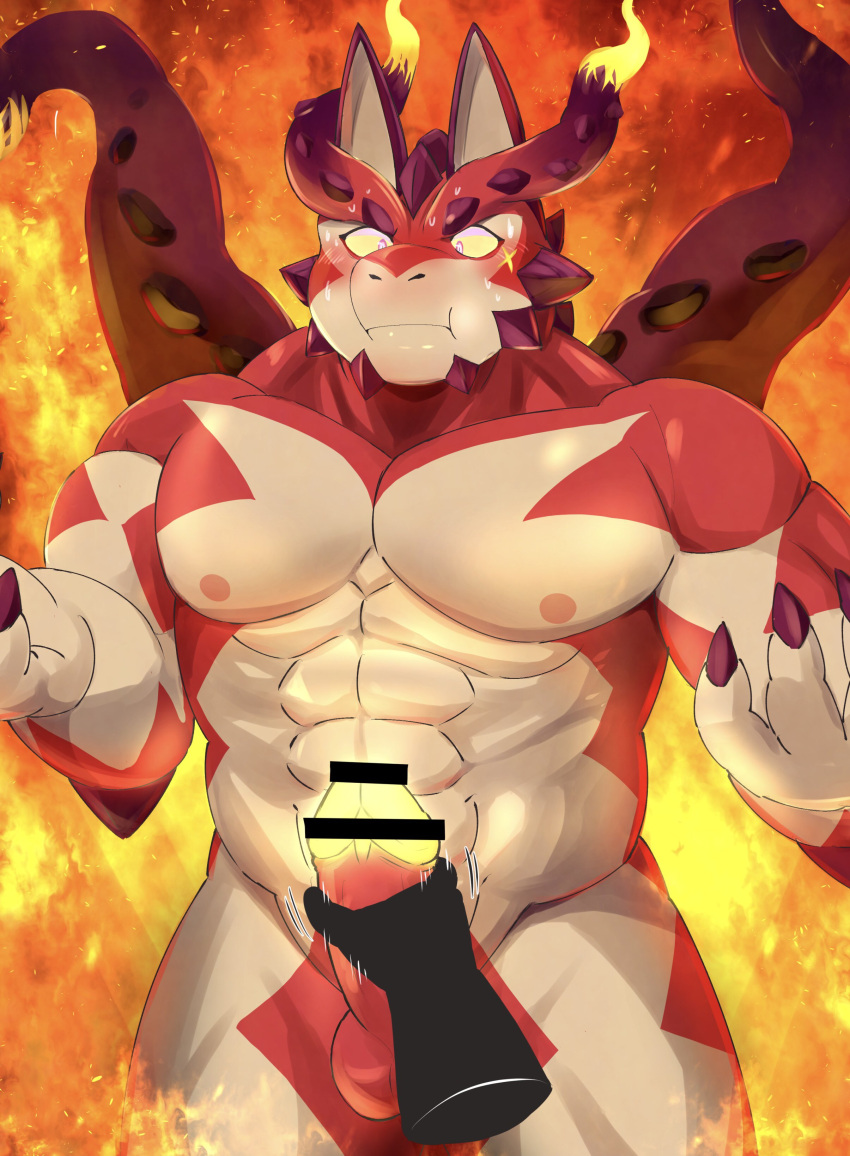 abs absurd_res anthro balls blush bodily_fluids censored claws cthugha_(tokyo_afterschool_summoners) disembodied_hand dragon embarrassed erection fire genitals glowing glowing_genitalia glowing_penis handjob hi_res lifewonders male male_only multicolored_body multicolored_scales muscular muscular_male nipples nude pecs penile penis red_body red_claws scales sex smile solo sweat tan_body tentacle tokyo_afterschool_summoners two_tone_body two_tone_scales video_games zuboboz