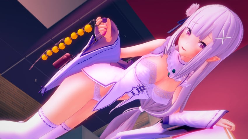 3d anal_beads bare_legs bare_shoulders bare_thighs blush bra breasts clothed clothing covered_breasts covered_nipples covered_pussy dressed elf elf_ears elf_female elf_girl emilia_(re:zero) erect_nipples_under_clothes erection erection_under_clothes female female_only flowerpetal green_jewel hair_flower hair_ornament half-elf half_clothed half_elf holding_anal_beads holding_object horny horny_female imminent_masturbation koikatsu light-skinned_female light_blush light_skin long_hair long_sleeves looking_at_viewer medium_breasts naughty_face naughty_smile neck_jewelry neckwear no_skirt open_eyes open_mouth open_smile panties pointy_ears purple_eyes re:zero_kara_hajimeru_isekai_seikatsu silver_hair smile smiling smiling_at_viewer solo solo_female solo_focus standing visible_bra_through_clothes white_clothing white_dress white_flower white_hair white_legwear