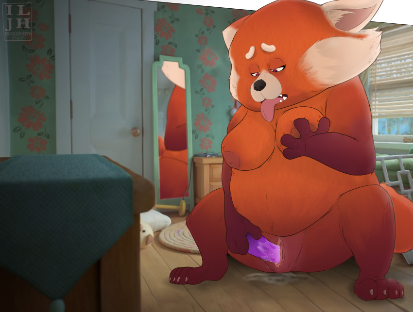 1girls absurd_res aged_up ahe_gao ailurid anthro bodily_fluids breast_play breasts crouching dildo dildo_in_pussy dildo_insertion disney dripping female genital_fluids groping_breasts hi_res ilovejudyhopps inside looking_pleasured mammal masturbation mei_lee nipples overweight penetration pixar pussy pussy_juice red_panda sex_toy sex_toy_in_pussy sex_toy_insertion sitting solo tongue tongue_out turning_red vaginal_penetration young