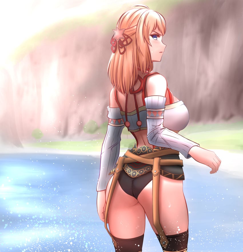 annoyed ass big_ass big_breasts blonde_hair breasts bubble_butt butt_focus fiora_(xenoblade) green_eyes mercury_xeno nintendo thick_ass thick_thighs thighhighs wet xenoblade_(series) xenoblade_chronicles