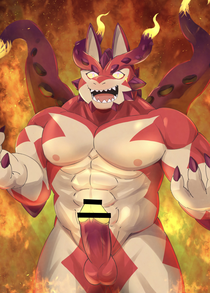 abs absurd_res anthro balls censored claws cthugha_(tokyo_afterschool_summoners) dragon erection fire genitals glowing glowing_genitalia glowing_penis hi_res lifewonders looking_at_viewer male male_only multicolored_body multicolored_scales muscular muscular_male nipples nude open_mouth pecs penis red_body red_claws scales sharp_teeth smile solo tan_body teeth tentacle tokyo_afterschool_summoners two_tone_body two_tone_scales video_games zuboboz