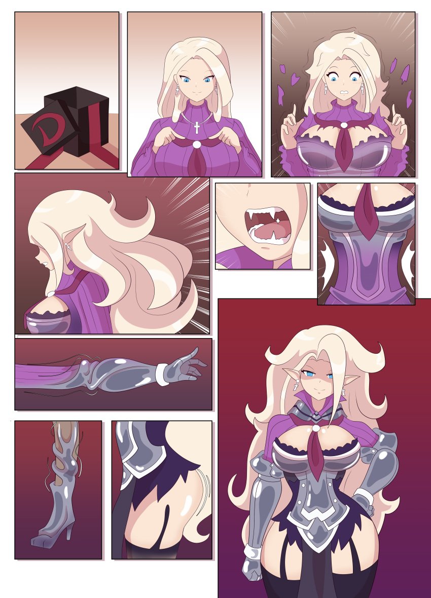 armor armor_knight_(disgaea) assimilation blonde_hair blue_eyes cleavage corruption db-palette disgaea disgaea_d2 fangs female garter_straps hair_growth high_heels large_breasts nippon_ichi_software pointy_ears revealing_clothes tagme takeover thick_thighs transformation