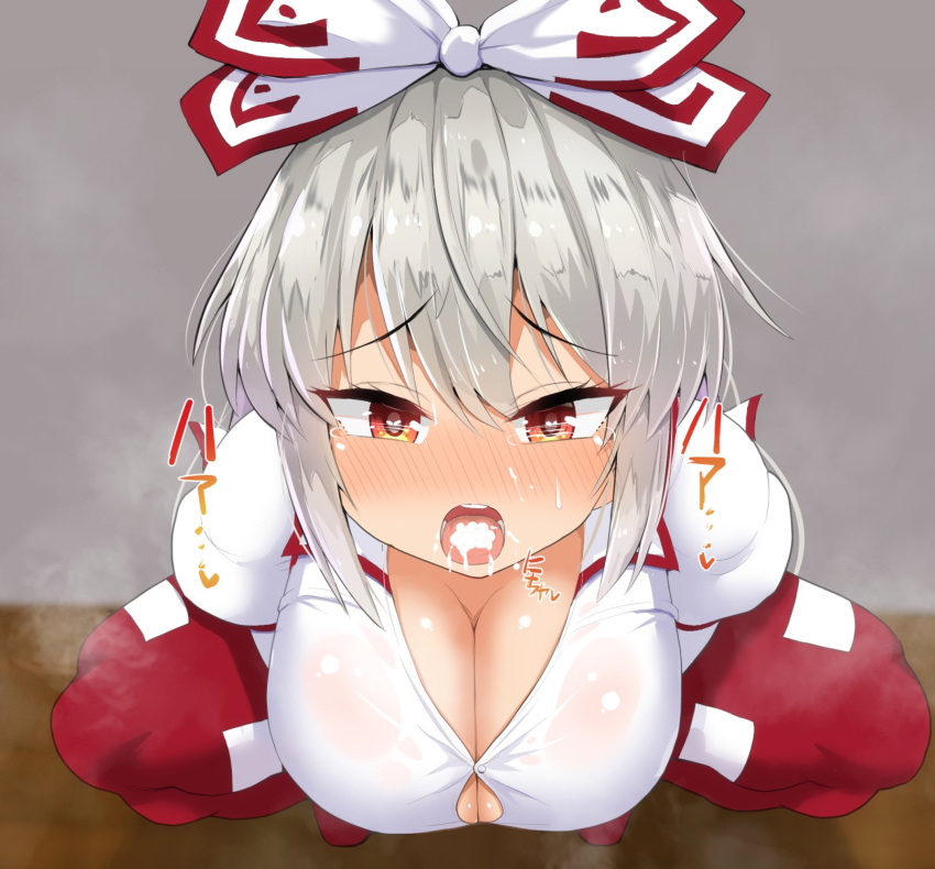 bangs blurry blurry_background blush bow breasts button_gap cleavage cum cum_in_mouth facial female from_above fujiwara_no_mokou full-face_blush furrowed_brow hair_ribbon hairbow halcachanel haruka_(haruka_channel) highres indoors juliet_sleeves large_breasts long_hair long_sleeves looking_at_viewer open_mouth pants puffy_sleeves red_pants ribbon shirt silver_hair solo squatting tearing_up teeth tongue touhou tress_ribbon tsurime wall white_bow white_shirt wooden_floor