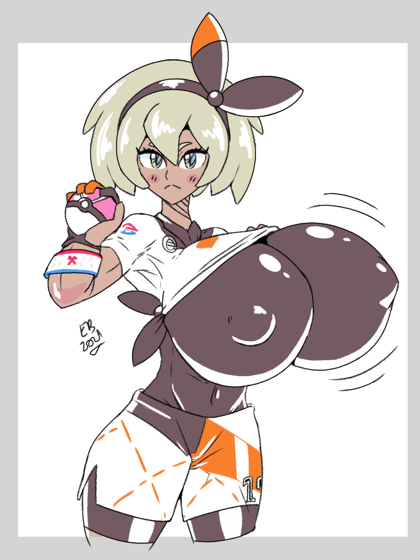 1girls alternate_breast_size bea_(pokemon) big_breasts blush breasts curvy easybee female female_only game_freak grey_eyes grey_hair gym_leader gym_uniform huge_breasts large_breasts motion_lines nipple_bulge pokeball pokemon pokemon_ss shorts solo solo_female thick_thighs thighs