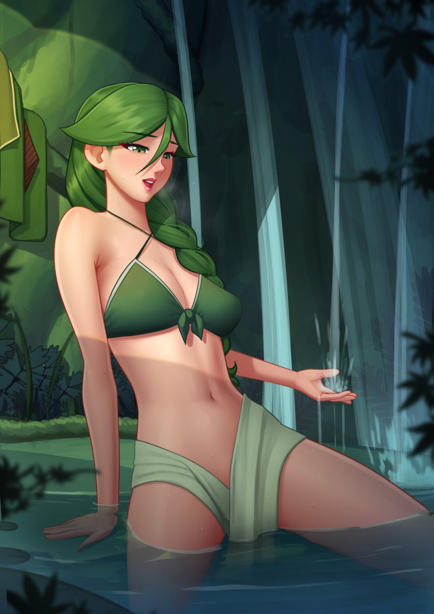 1girls bangs bikini blush braided_hair braided_ponytail breasts cheryl_(pokemon) cleavage clothed deilan12 female female_focus female_only forest green_eyes green_hair hair_between_eyes leaning leaning_on_hand long_hair nintendo outdoor outdoors parted_bangs pokemon pokemon_bdsp pokemon_dppt pond ponytail solo solo_female solo_focus sweat sweatdrop swimsuit water waterfall wet