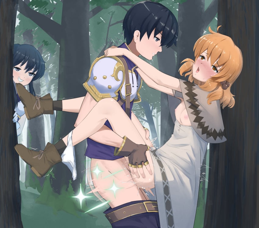 1boy 2girls ambiguous_penetration being_watched black_eyes black_hair blush bodily_fluids breasts caught clothed_female clothed_sex cuckquean cum cum_inside female female_voyeur female_watching femsub fire_emblem fire_emblem:_genealogy_of_the_holy_war forest gloves grin lana_(fire_emblem) larcei_(fire_emblem) male maledom medium_hair multiple_girls nintendo no_bra no_panties open_mouth orange_eyes orange_hair outdoors panties panties_around_leg recklessdraw scathach_(fire_emblem) sex short_hair small_breasts smile stand_and_carry_position standing_sex underwear voyeur voyeurism watching white_panties