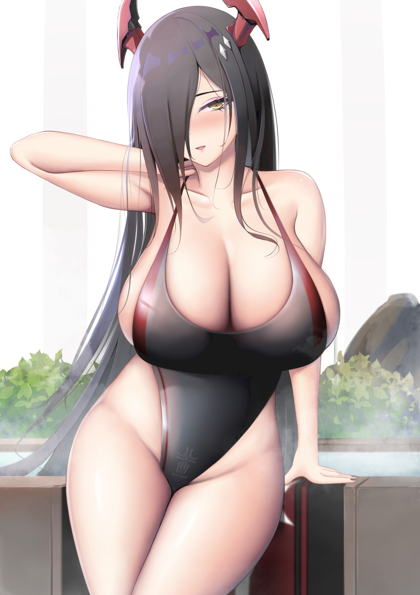 1girls 2022 absurdres alternate_costume azur_lane black_hair black_swimsuit breasts cleavage competition_swimsuit covered_navel d.j_(dwcg2854) female female_focus female_only friedrich_der_grosse_(azur_lane) hair_over_one_eye highleg highleg_swimsuit highres horns huge_breasts iron_blood_(azur_lane) iron_blood_(emblem) light-skinned_female light_skin long_hair looking_at_viewer mechanical_horns multicolored_clothes multicolored_swimsuit one-piece_swimsuit one_eye_obstructed pool poolside red_horns sideboob skindentation solo swimsuit thighs two-tone_swimsuit very_long_hair yellow_eye