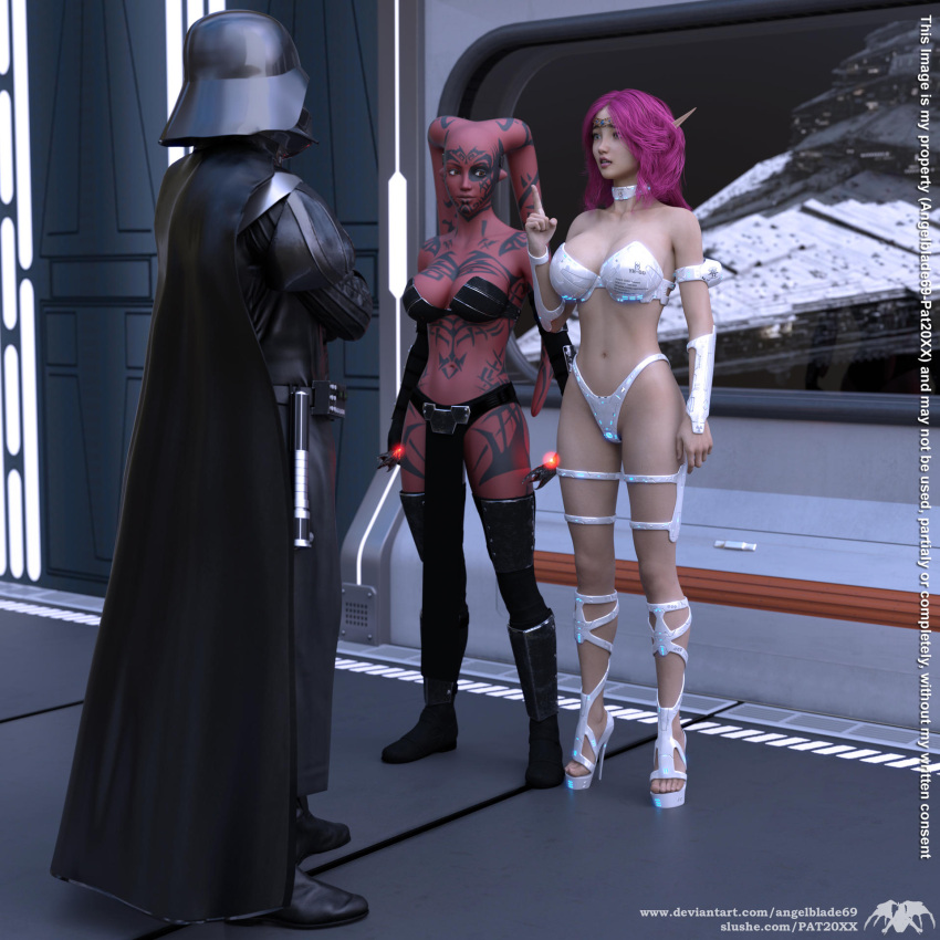 1boy 2girls 3d alien alien_girl angelblade69 athletic_female bikini collar darth_talon darth_vader elf elf_ears elf_female female human loincloth magenta_hair original_character pointy_ears red_skin sith star_wars tattoo twi'lek