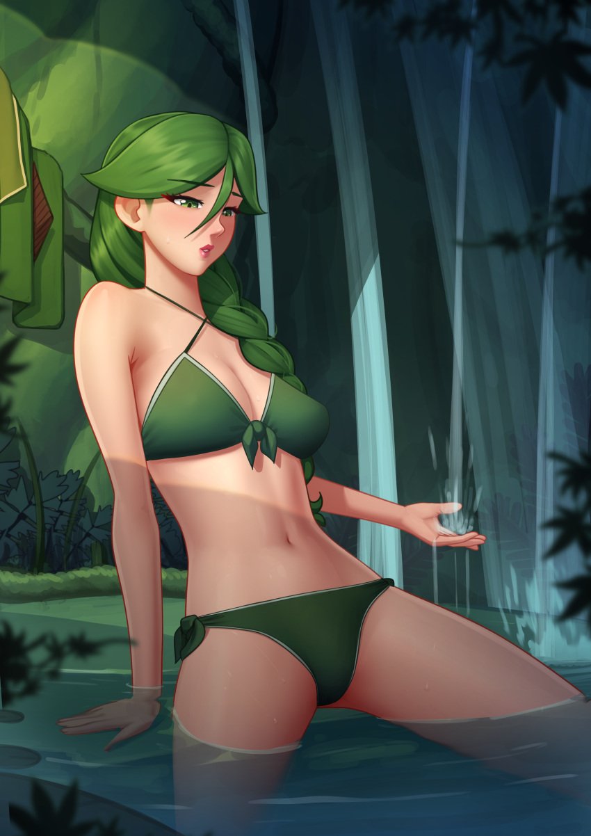 1girls bangs bikini blush braided_hair braided_ponytail breasts cheryl_(pokemon) cleavage clothed deilan12 female female_focus female_only forest green_eyes green_hair hair_between_eyes leaning leaning_on_hand long_hair nintendo outdoor outdoors parted_bangs pokemon pokemon_bdsp pokemon_dppt pond ponytail solo solo_female solo_focus sweat sweatdrop swimsuit water waterfall wet