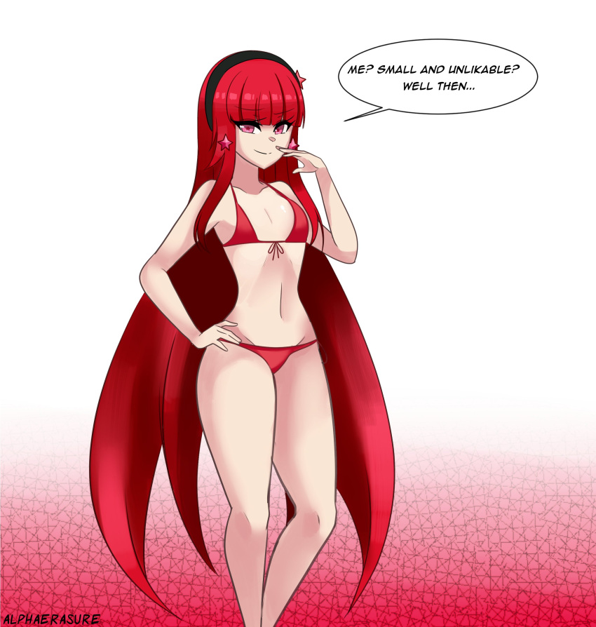 alphaerasure ass_expansion breast_expansion dialogue imminent_expansion red_bikini red_hair thin_waist