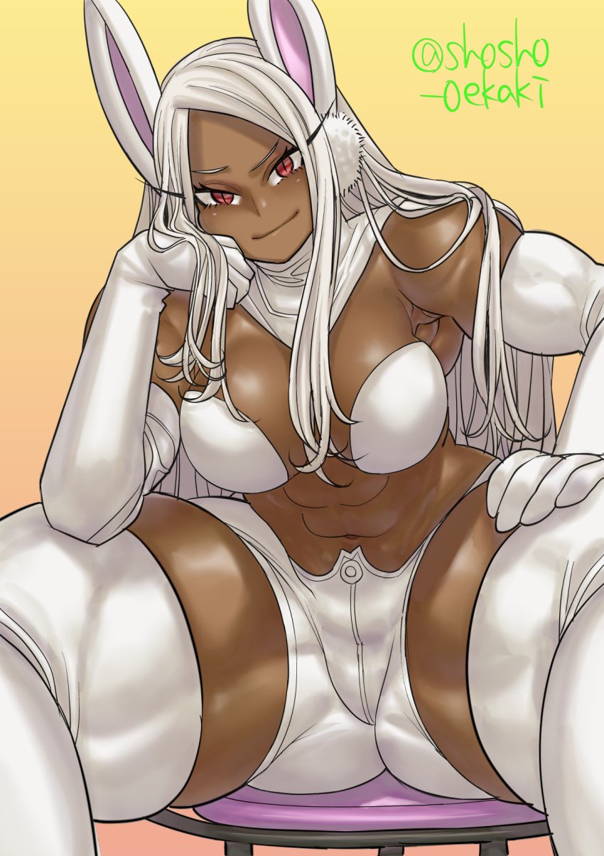 1girls bunny_ears bunny_girl cosplay crossover_cosplay dark-skinned_female dark_skin emma_frost female female_only fit_female marvel marvel_comics miruko my_hero_academia new_x-men red_eyes rumi_usagiyama shosho_oekaki solo spread_legs white_hair white_queen x-men