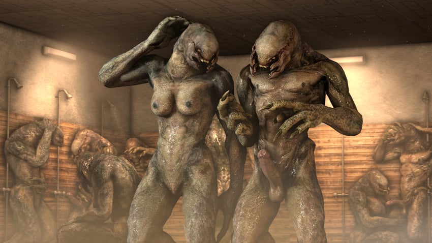 2022 3d 3d_(artwork) absurd_res alien anthro breasts casual casual_nudity digital_media_(artwork) erection female female_sangheili genitals grey_skin group halo_(series) hi_res humanoid male male/female male_sangheili_(halo) microsoft mrdr nipples nude nudist penis pussy sangheili shower shower_room source_filmmaker video_games water wet xbox_game_studios