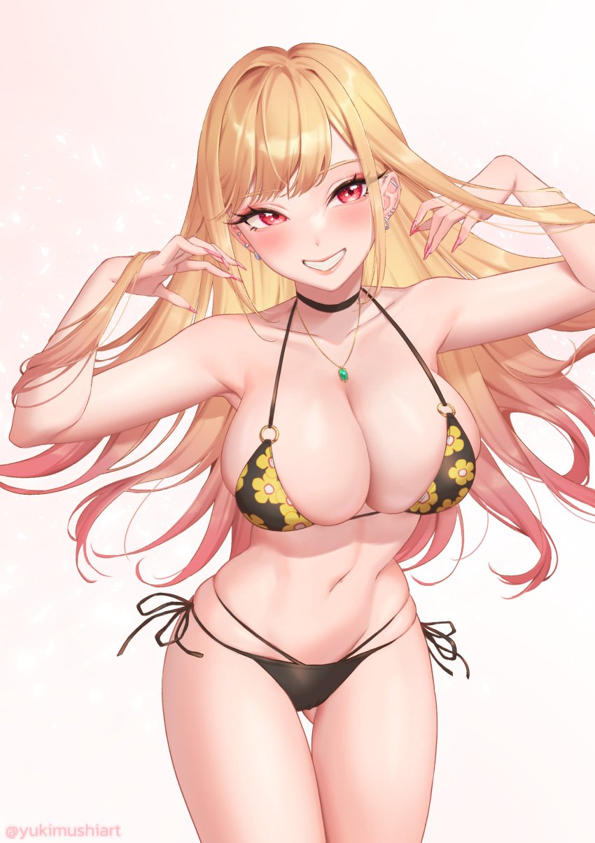 1girl absurdres alternate_costume barbell_piercing bikini black_bikini black_choker blonde_hair breasts choker cleavage cowboy_shot ear_piercing earrings female floral_print grin gyaru highres jewelry kitagawa_marin lace lace_choker large_breasts leaning_forward lipstick long_fingernails long_hair looking_at_viewer multi-strapped_bikini mushi_aoi necklace official_alternate_costume piercing print_bikini red_eyes side-tie_bikini_bottom simple_background skindentation smile snow_bug_(artist) solo sono_bisque_doll_wa_koi_wo_suru string_bikini swimsuit tagme white_background