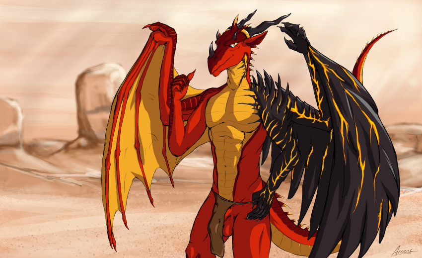 absurd_res anthro arcwolfdragon athletic balls barely_visible_genitalia barely_visible_penis black_body black_skin bulge claws clothed clothing desert dragon genitals hi_res horn looking_at_viewer male muscular muscular_anthro muscular_male nude penis red_body red_skin scalie solo standing undressing western_dragon yellow_body yellow_eyes yellow_skin