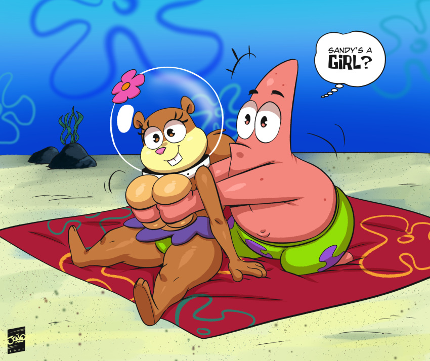 1boy 1girls absurd_res animals big_ass big_breasts black_eyes breast_grab brown_fur cartoony confused confusion embrace emotionless english_text funny hi_res joaoppereiraus male mammal meme nickelodeon no_bra no_humans panties patrick_star pink_nipples pink_skin rodent sandy_cheeks shirtless smiling spongebob_squarepants squeezing_breast squirrel starfish straight straight_hair text thick_ass thick_thighs