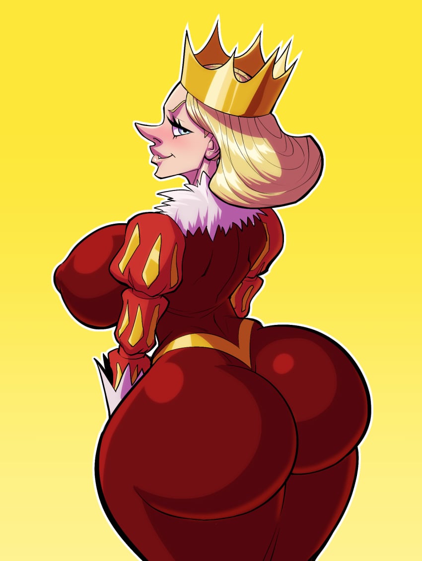 1girls 2022 ass ass_focus ass_in_dress big_ass big_breasts big_butt blonde_hair blue_eyes breasts clothed clothing crown curvaceous curvy curvy_figure dat_ass fontez light-skinned_female mature_female ousama_ranking pointy_nose queen_hilling ranking_of_kings sideboob solo solo_female voluptuous wide_hips yellow_background