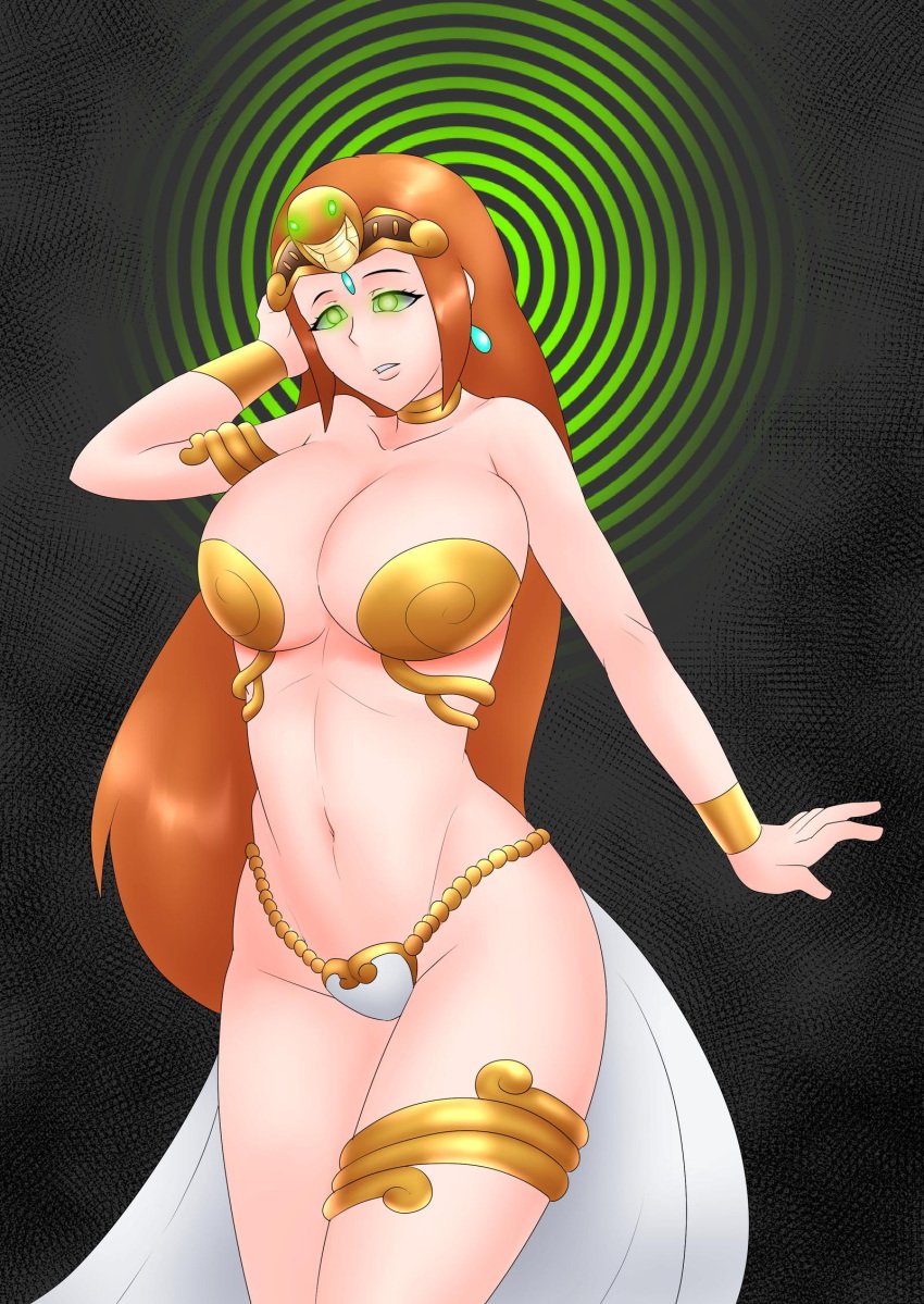 1girls armlet belly_dancer belly_dancer_outfit bleach bracelet bracer breasts cleavage collarbone cropped_legs dancer dancer_outfit earrings female female_only glowing_eyes green_eyes harem_girl harem_outfit huge_breasts hypnosis inoue_orihime large_breasts long_hair metal_bikini navel orange_hair parted_lips solo solo_female thighlet usagiforehead voluptuous