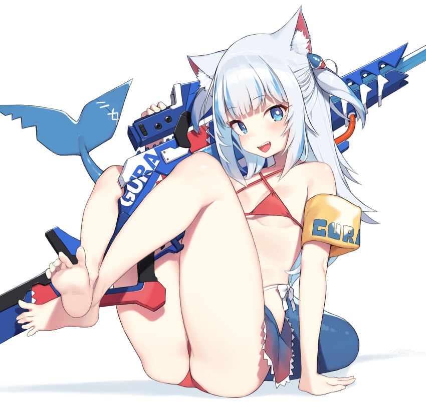 1girls absurdres alternate_costume alternate_outfit animal_ear_fluff animal_ears ass bad_id bad_twitter_id bangs bare_shoulders barefoot bikini blue_eyes blush breasts cat_ears cloba collarbone criss-cross_halter eyebrows_visible_through_hair feet female fish_tail gawr_gura gun hair_ornament halterneck highres holding holding_gun holding_weapon hololive hololive_english hololive_myth light-skinned light-skinned_female light_skin long_hair looking_at_viewer mouth_open multicolored_hair oerba_yun_fang one_side_up open_mouth open_smile red_bikini ribbon shark_girl shark_hair_ornament shark_tail sharp_teeth sidelocks silver_hair simple_background sitting skirt small_breasts smile solo streaked_hair string_bikini swimsuit tail teeth thighs toes two_side_up virtual_youtuber weapon white_background white_hair youtube youtuber