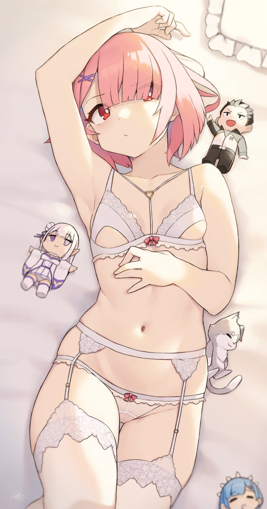 absurdres arm_up armpit armpits belly_button blurry bow bow_panties bra breasts bright_pupils character_doll cloba color colored commentary depth_of_field emilia_(re:zero) eyebrows_visible_through_hair eyes_visible_through_hair fair-skinned_female fair_skin female garter_belt hair_ornament hair_over_one_eye heart_ring heart_ring_top highres laying laying_down laying_on_back light-skinned light-skinned_female light_skin lingerie looking_at_viewer lying natsuki_subaru navel on_back one_arm_up panties pink_hair puck_(re:zero) ram_(re:zero) re:zero_kara_hajimeru_isekai_seikatsu red_eyes rem_(re:zero) short_hair signature small_breasts solo stomach teenage_girl teenager thighhighs thighs underwear underwear_only white_bra white_garter_belt white_legwear white_panties white_pupils x_hair_ornament