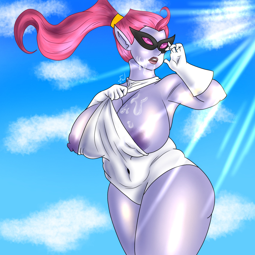 big_breasts big_butt chubby herak mask monster_legends pink_hair purple_skin simple_background superheroine tallulight