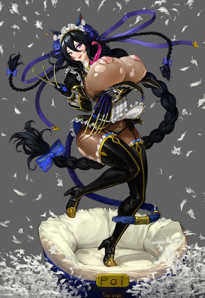 1girls animal_ears bangs barcode barcode_tattoo black_dress black_hair black_legwear blush bodystocking bow braid breasts cat_ears catgirl chronodash claws dress fangs feathers female frills grey_background hair_between_eyes hairbow heterochromia high_heel_boots high_heels highres huge_breasts last_origin long_hair long_sleeves maid_headdress multiple_braids panties poi_(last_origin) purple_eyes simple_background smile solo standing_on_one_leg tattoo thigh_boots thighhighs tongue_out torn_bodystocking torn_clothes underwear very_long_hair yellow_eyes