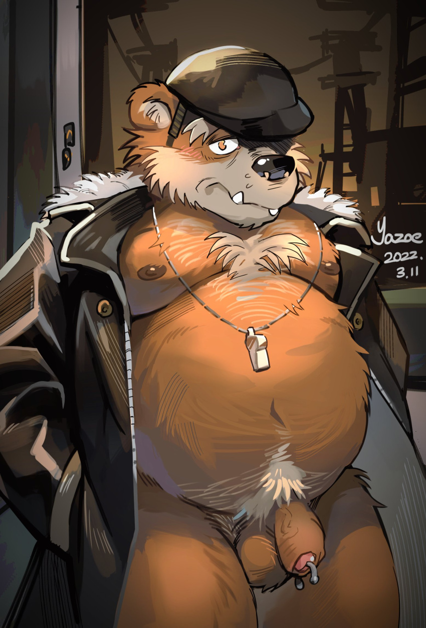 1boy 2022 amber_eyes anthro ball_tuft balls ballsack beefy belly black_nose body_fur brown_body brown_fur clothing detailed_background flaccid_penis foreskin fur genital_piercing genitals hat headgear headwear hi_res humanoid_penis intact kemono male male_nipples male_only male_pubic_hair mammal moobs mostly_nude_male navel necklace outside overweight overweight_male partially_retracted_foreskin penis penis_piercing piercing prince_albert_piercing scrotum shaggy_fur solo testicles uncut ursid veiny_penis yazoe