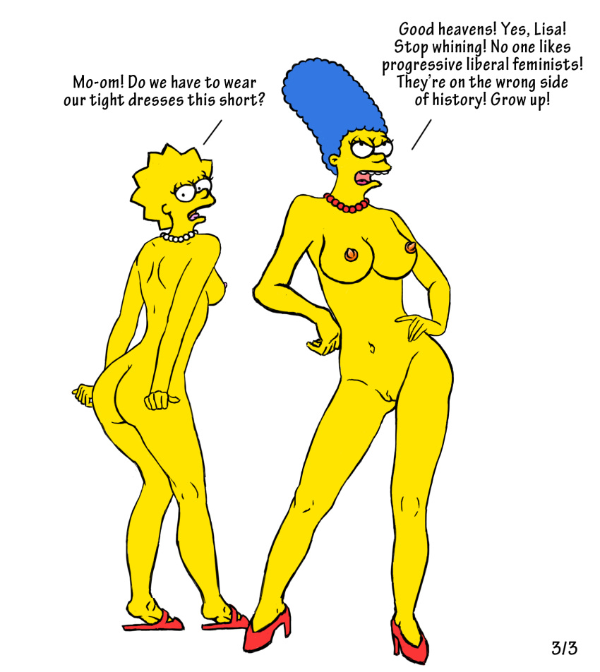 (original_artist_tbd) clitoris dress heels lisa_simpson marge_simpson misogyny naked necklace nipples panties sallyx the_simpsons transparent_background yellow_body