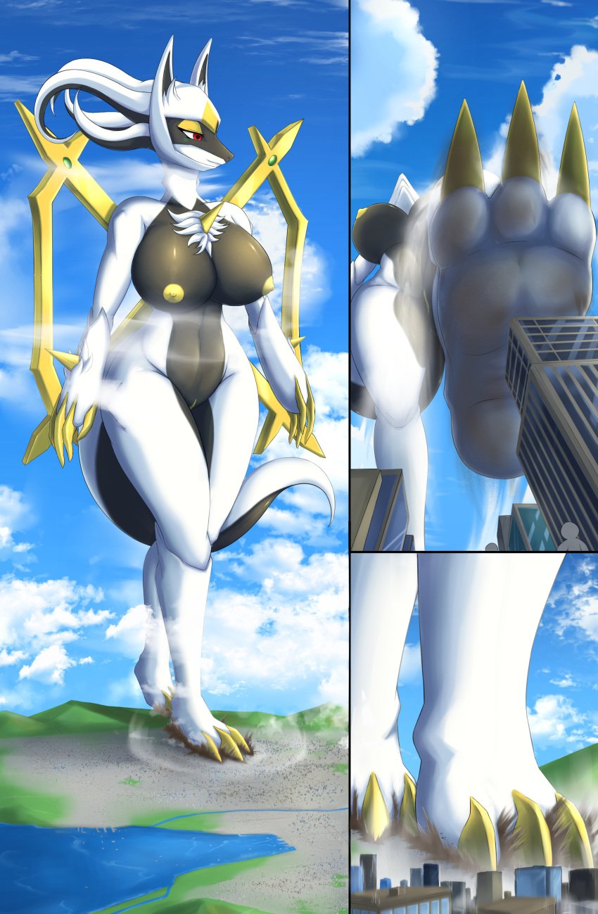 2022 absurd_res anthro anthrofied arceus breasts city cloud destruction female giantess hi_res legendary_pokémon lucario macro nintendo pokemon pokemon_(species) sky smile solo son2j stomping underpaw video_games white_body