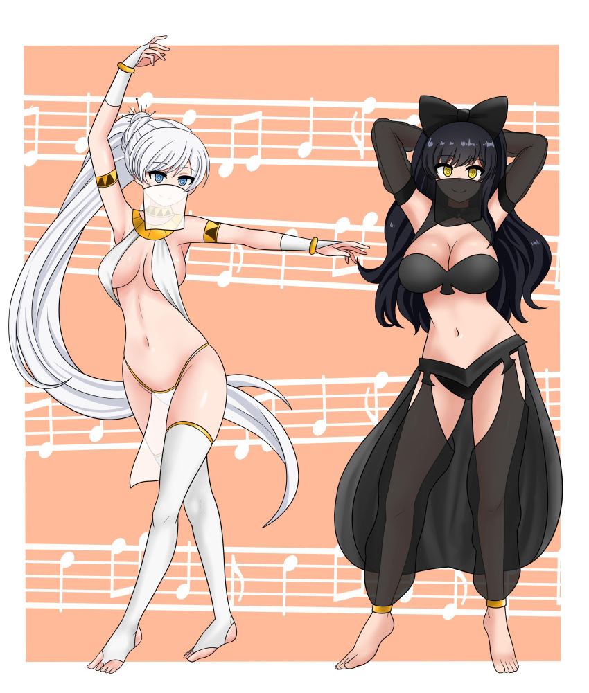 2girls absurd_res barefoot black_hair blake_belladonna bow cleavage commission harem_outfit hypnosis hypnotic_music long_hair mind_control navel ponytail rwby spiral_eyes the_only_shoe veil weiss_schnee white_hair