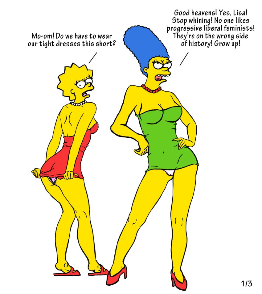 (original_artist_tbd) dress heels lisa_simpson marge_simpson misogyny necklace panties sallyx the_simpsons transparent_background yellow_body