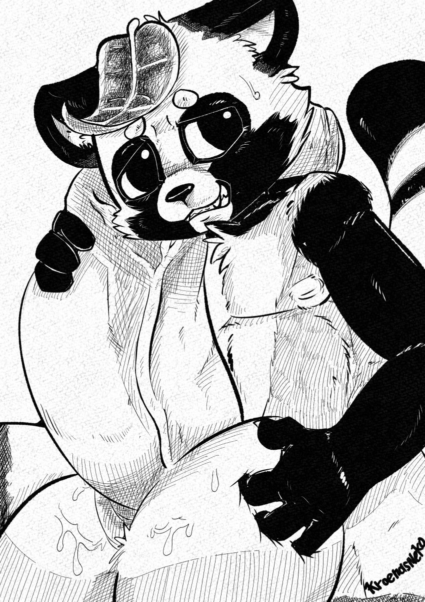 absurd_res anthro balls big_balls big_penis bodily_fluids canid canine foreskin genitals hi_res holding_balls holding_penis huge_balls huge_cock hyper hyper_balls hyper_genitalia hyper_penis kroenasneko leaf leaf_on_head male mammal monochrome nervous nipples nude penis raccoon_dog simple_background solo sweat tanuki vein veiny_penis