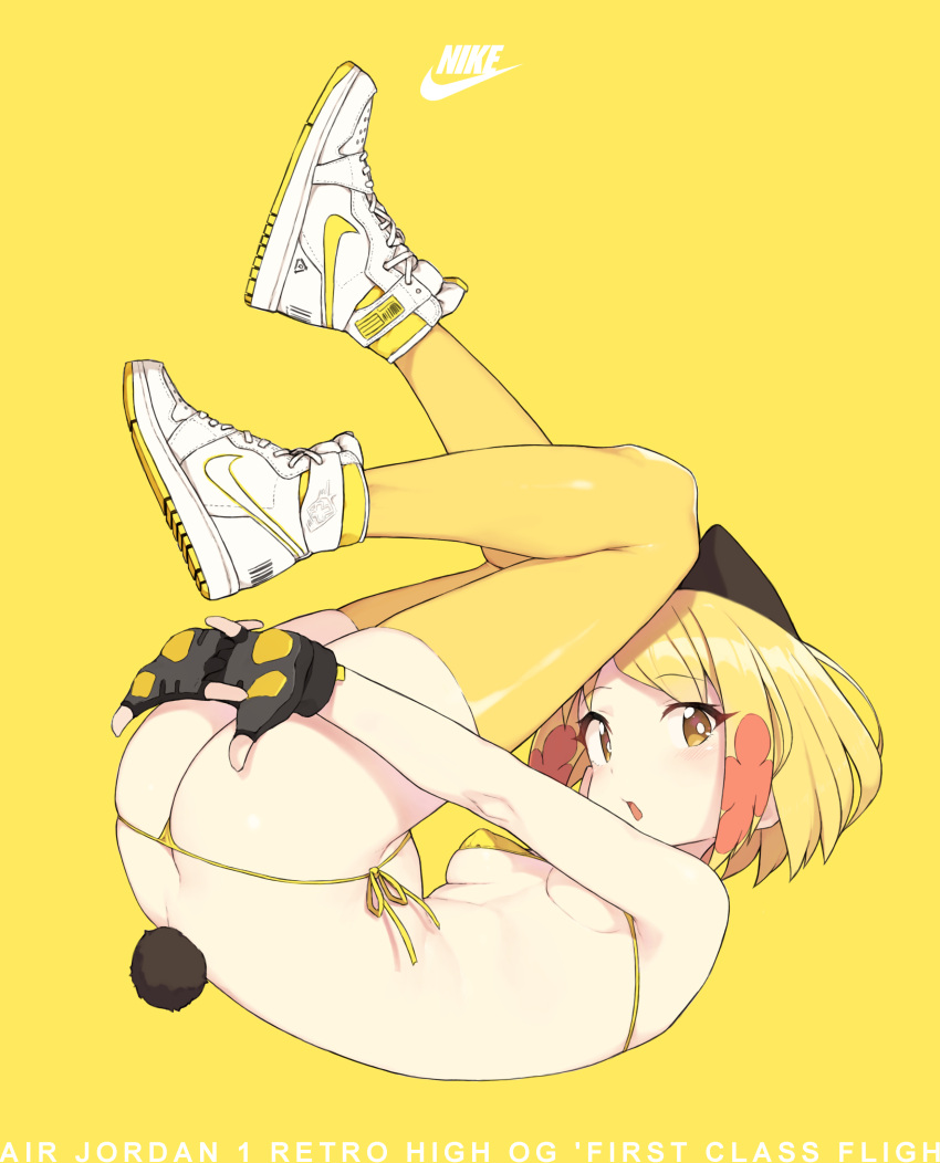 :o absurdres air_jordan ass ass_cleavage bikini blonde_girl_(cloba) blonde_hair breasts bright_pupils bunny_tail butt_crack cloba commentary female fingerless_gloves footwear full_body gloves highres legs logo looking_at_viewer nike original parted_lips rabbit_tail shoes short_hair side-tie_bikini simple_background skindentation small_breasts sneakers solo string_bikini striped striped_bikini swimsuit tail text thighhighs yellow_background yellow_bikini yellow_eyes yellow_legwear yellow_theme