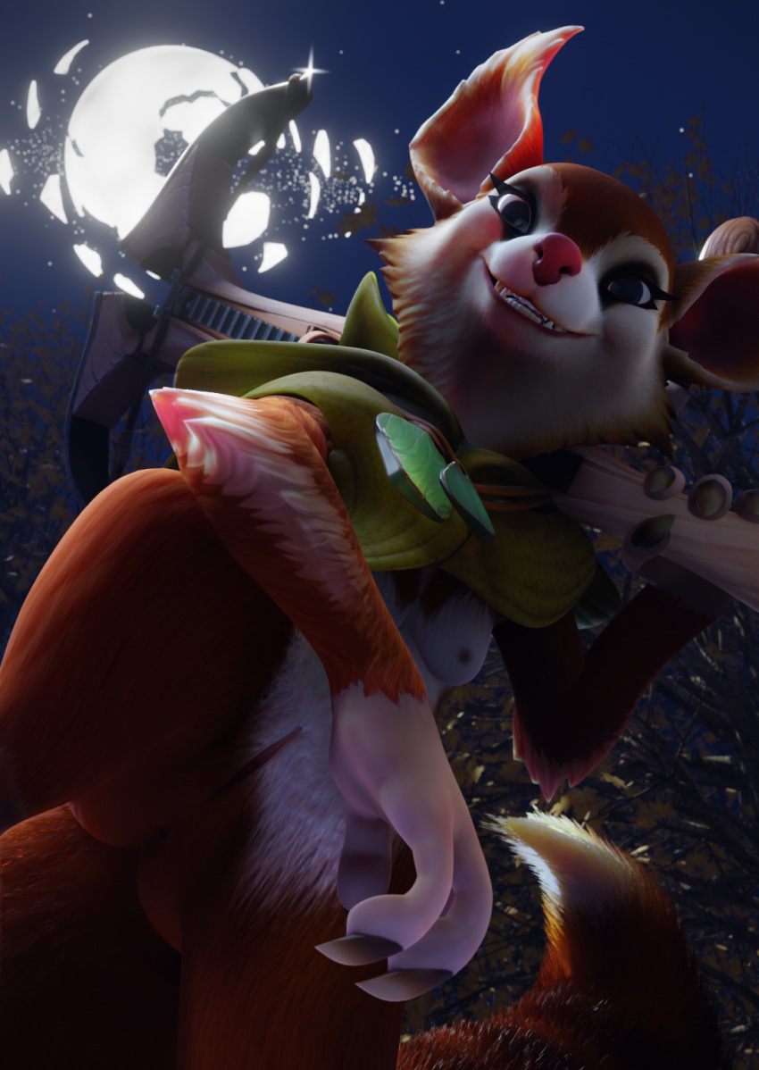 3d 3d_(artwork) 4_fingers ano_delta anthro breasts cape claws clothing cowl crossbow digital_media_(artwork) dota dota_2 eyelashes female fingers fur genitals hi_res hood hoodwink_(dota) mammal moon plant ranged_weapon red_body red_fur rodent sciurid sky solo star tail_tuft tree tree_squirrel tuft video_games weapon white_body