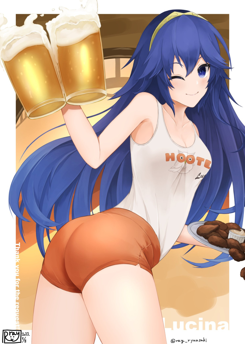 1girls ;) alcohol alternate_costume ass bare_thighs beer beer_mug big_ass birthmark blue_eyes blue_hair breasts character_name cleavage collarbone commission cup female female_only fire_emblem fire_emblem_awakening food glass highres hooters indoors looking_at_viewer looking_back lucina_(fire_emblem) medium_breasts mug nintendo one_eye_closed orange_shorts ray_ryuusaki ryuusaki_rei shirt short_shorts shorts signature skeb_commission sleeveless sleeveless_shirt small_breasts smile solo source_larger symbol-shaped_pupils tank_top thick_thighs thighs tiara tight twitter_username waitress white_shirt wink