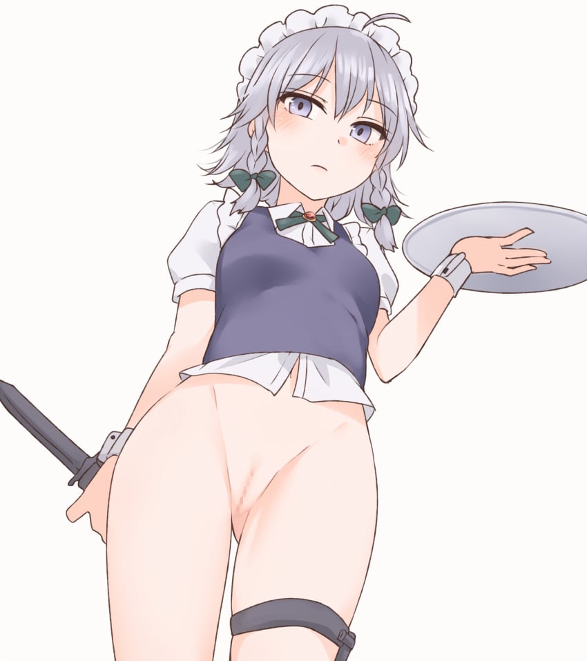 1girls ahoge ass_visible_through_thighs bangs blue_vest bottomless bow braid censored commentary eyebrows_visible_through_hair female frown green_bow grey_eyes grey_hair groin hair_between_eyes hairbow highres holding holding_knife holding_tray knife looking_at_viewer maid_headdress medium_hair miyo_(ranthath) mosaic_censoring puffy_short_sleeves puffy_sleeves pussy sakuya_izayoi shirt short_sleeves simple_background solo standing thigh_strap touhou tray twin_braids vest white_background white_shirt wrist_cuffs