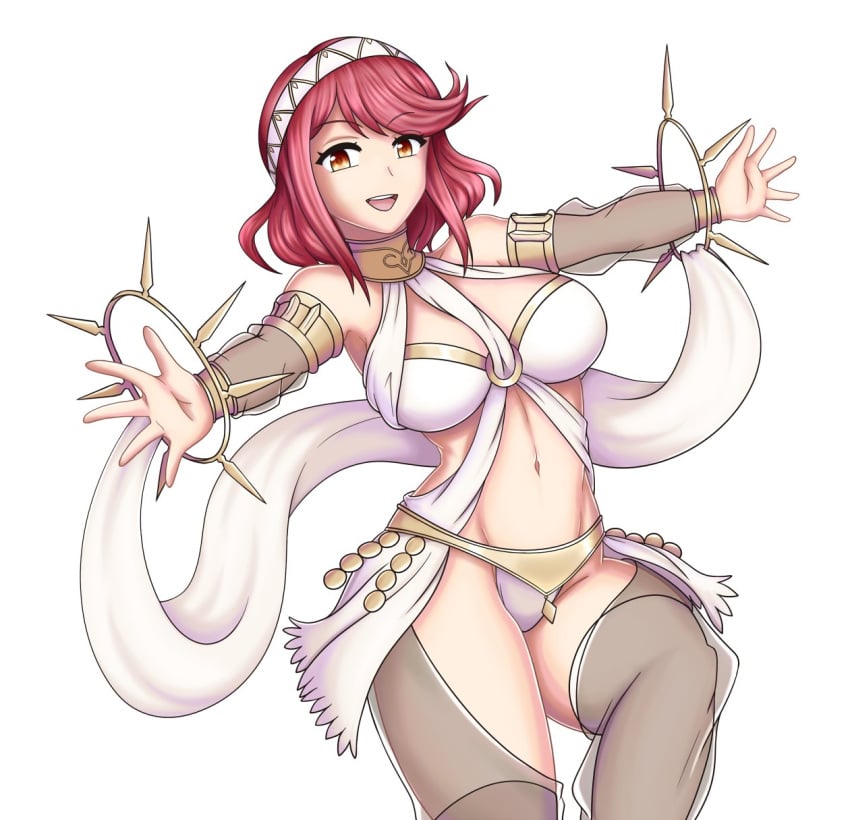 1girls alternate_costume bare_thighs breasts clothed clothing cosplay crossover dancer dancing fire_emblem fire_emblem_awakening hayato_stuff inner_thighs nintendo olivia_(fire_emblem)_(cosplay) open_mouth panties pyra smile thighhighs thighs white_panties xenoblade_(series) xenoblade_chronicles_2