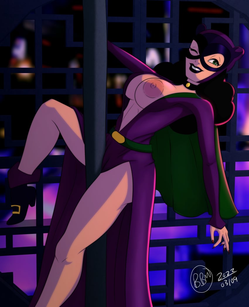 1girls batman:_the_brave_and_the_bold batman_(series) big_breasts big_nipples breasts bunbunmuffinart catwoman dc dc_comics female female_only large_areolae nipple_slip nipples solo stripper_pole wink