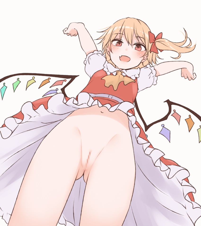 :d arms_up ascot ass_visible_through_thighs bangs blonde_hair censored commentary crystal eyebrows_visible_through_hair female flandre_scarlet frilled_shirt_collar frilled_skirt frills from_below hair_between_eyes hair_ribbon highres looking_at_viewer looking_down miyo_(ranthath) mosaic_censoring navel no_panties oerba_yun_fang one_side_up open_mouth pussy red_eyes red_ribbon red_skirt red_vest ribbon shirt short_hair short_sleeves simple_background skin_fang skirt skirt_set smile solo touhou upskirt vest white_background white_shirt wings yellow_ascot