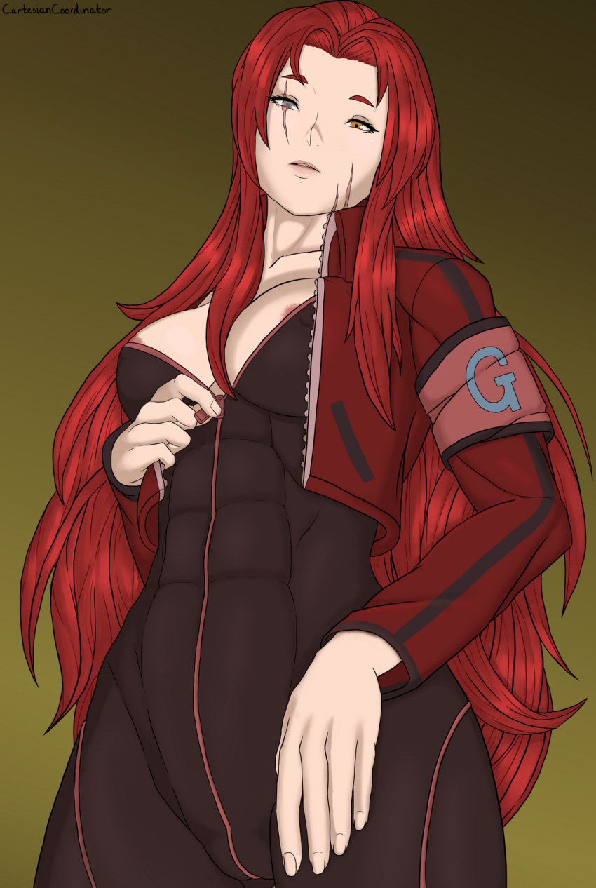 1girls breasts cartesiancoordinator gebura_(lobotomy_corporation) grey_eyes hand_on_hip hand_on_thigh lobotomy_corporation nip_slip nipple_bulge nipple_peek nipple_slip orange_eyes project_moon red_hair scar unzipped_bodysuit unzipping zipper